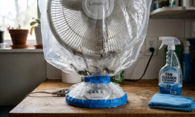 Coloque um saco plástico sobre o ventilador e ligue: a poeira some em 8 minutos sem desmontar nada