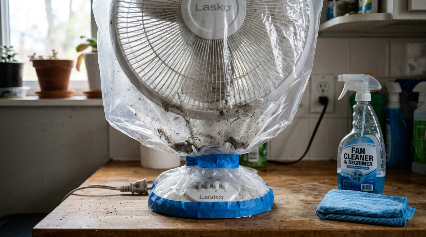 Coloque um saco plástico sobre o ventilador e ligue: a poeira some em 8 minutos sem desmontar nada