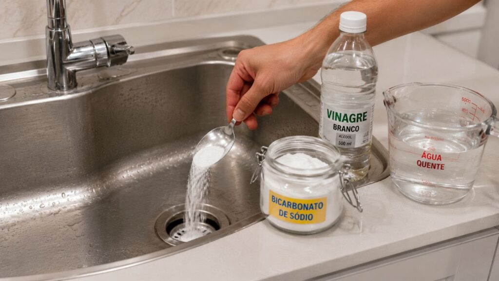 Bicarbonato, vinagre e água quente ajudam a remover odores leves do encanamento