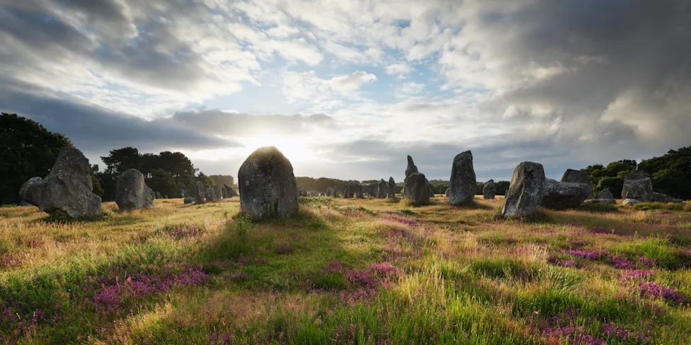 Monumentos megalíticos antigos espalhados em campo aberto, grandes pedras verticais pré-históricas cercadas por vegetação e flores silvestres, pôr do sol ao fundo com céu dramático e nublado, atmosfera mística e histórica, fotografia realista em alta definição.