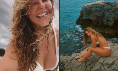 Paolla Oliveira em diptych: close-up sorrindo e corpo inteiro de biquíni branco na rocha.