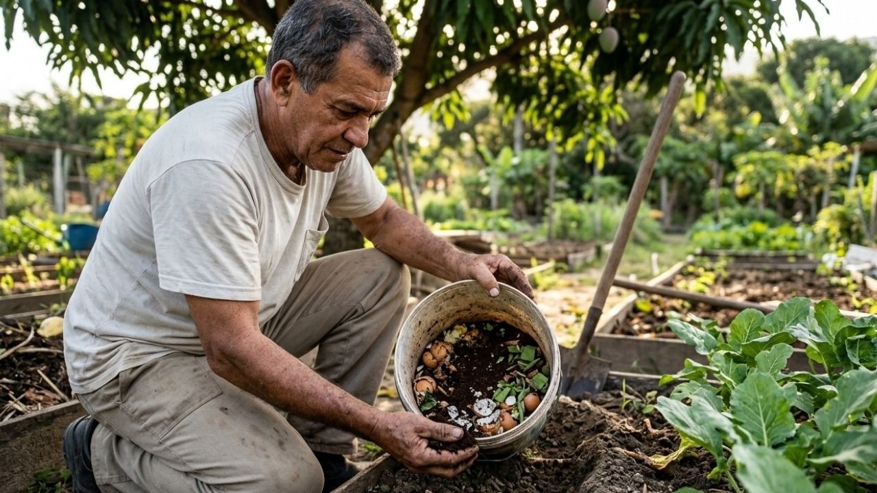 Homem ajoelhado em jardim, segurando balde com restos orgânicos e cascas de ovo.
