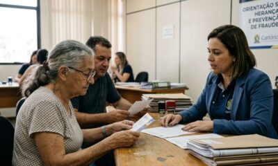 Mulher idosa e homem recebem orientação de oficial em cartório com banner 'Prevenção de Fraudes'.
