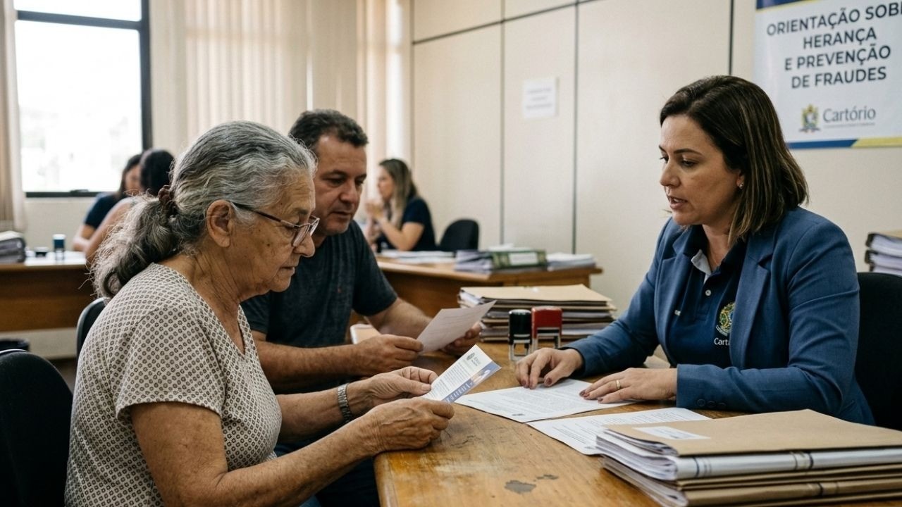Mulher idosa e homem recebem orientação de oficial em cartório com banner 'Prevenção de Fraudes'.