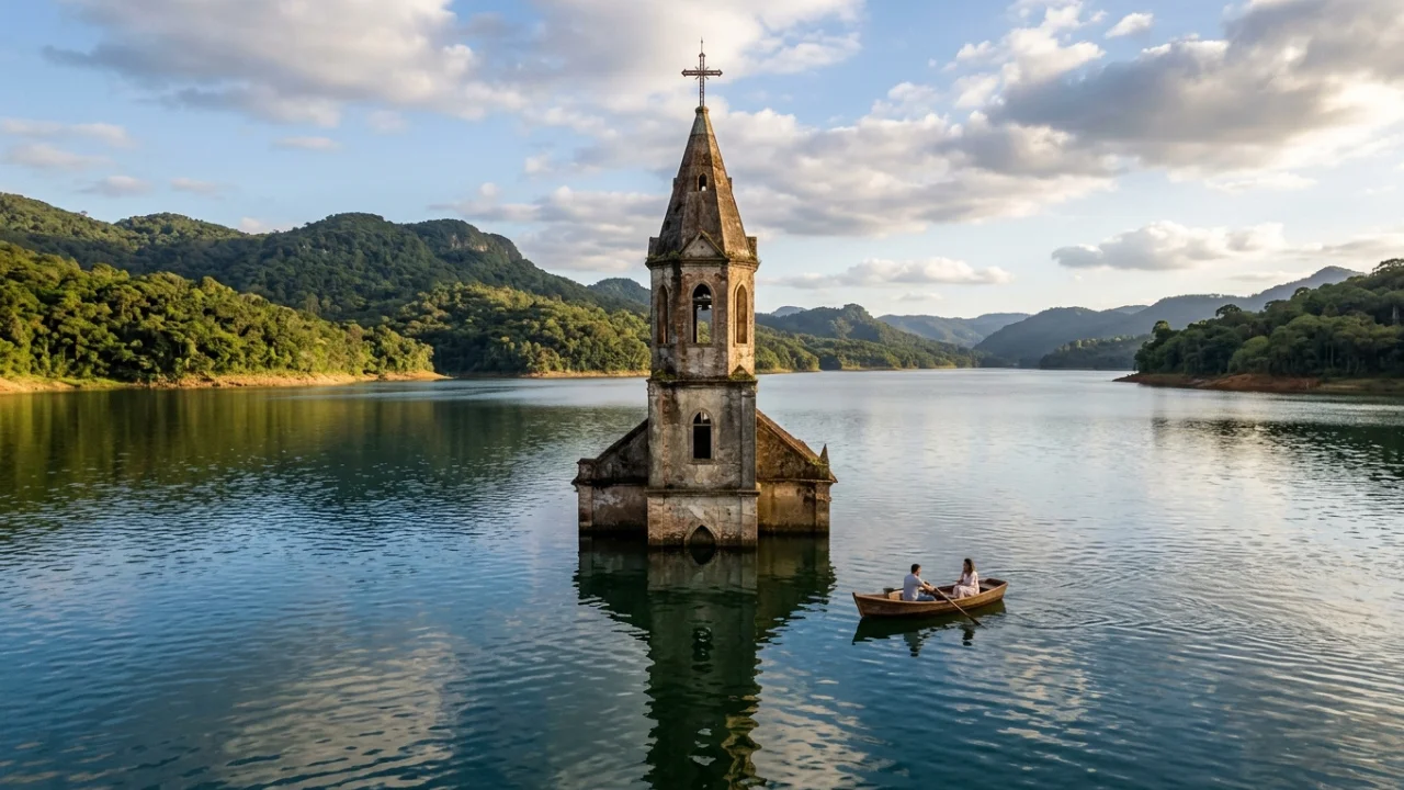 A “Atlântida Brasileira” desapareceu sob as águas, mas uma antiga igreja submersa ainda surge no oeste de Santa Catarina