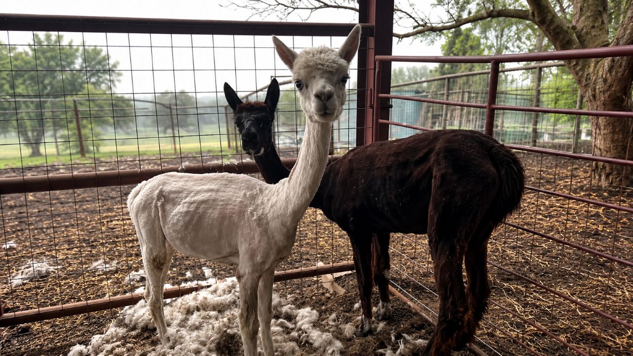 Alpaca de apoio emocional tranquiliza companheira durante tosa