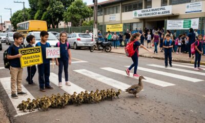 Alunos do ensino fundamental lideram caminhada de patos e resgatam 30 filhotes selvagens