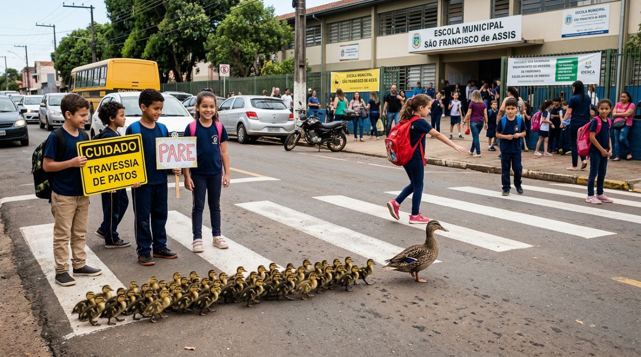 Alunos do ensino fundamental lideram caminhada de patos e resgatam 30 filhotes selvagens