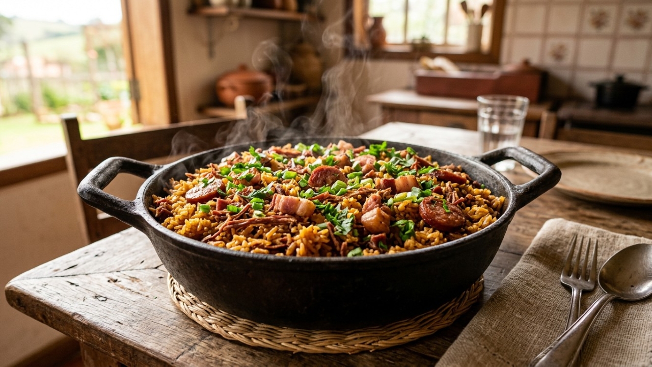 Esse arroz carreteiro da minha vó tinha aquele cheiro forte e gostoso que tomava conta da cozinha inteira