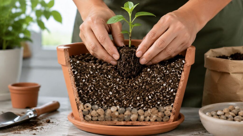 Drenagem, tamanho e material do vaso influenciam a saúde da planta