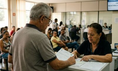 Homem idoso e funcionária interagem em balcão com documentos brasileiros. Pessoas ao fundo.