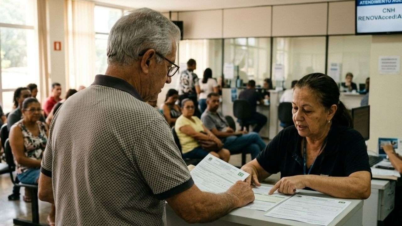 Homem idoso e funcionária interagem em balcão com documentos brasileiros. Pessoas ao fundo.
