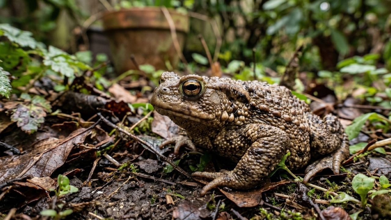 Sapo marrom de pele rugosa em folhas e terra úmida no jardim.