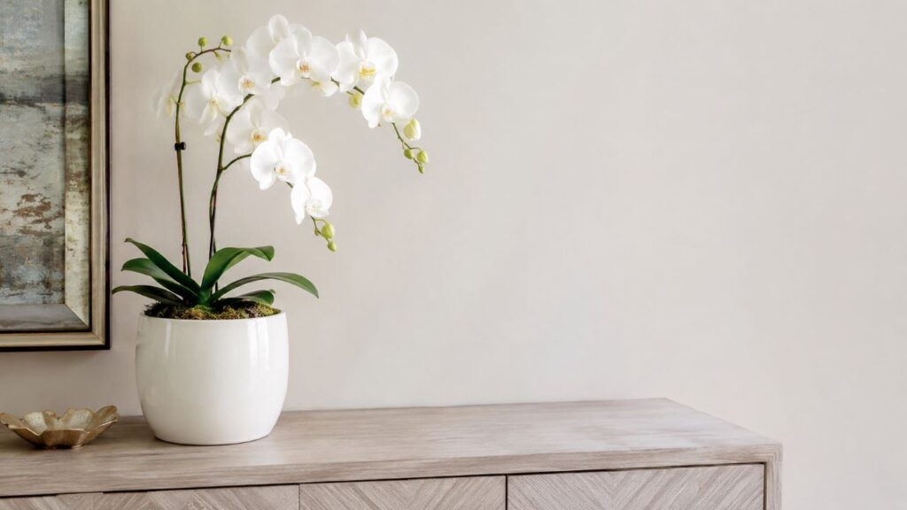 Composição simples e poucos objetos ajudam a destacar a beleza da orquídea branca