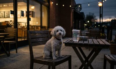 Pequeno poodle passa a noite toda no pátio do Starbucks esperando ser notado
