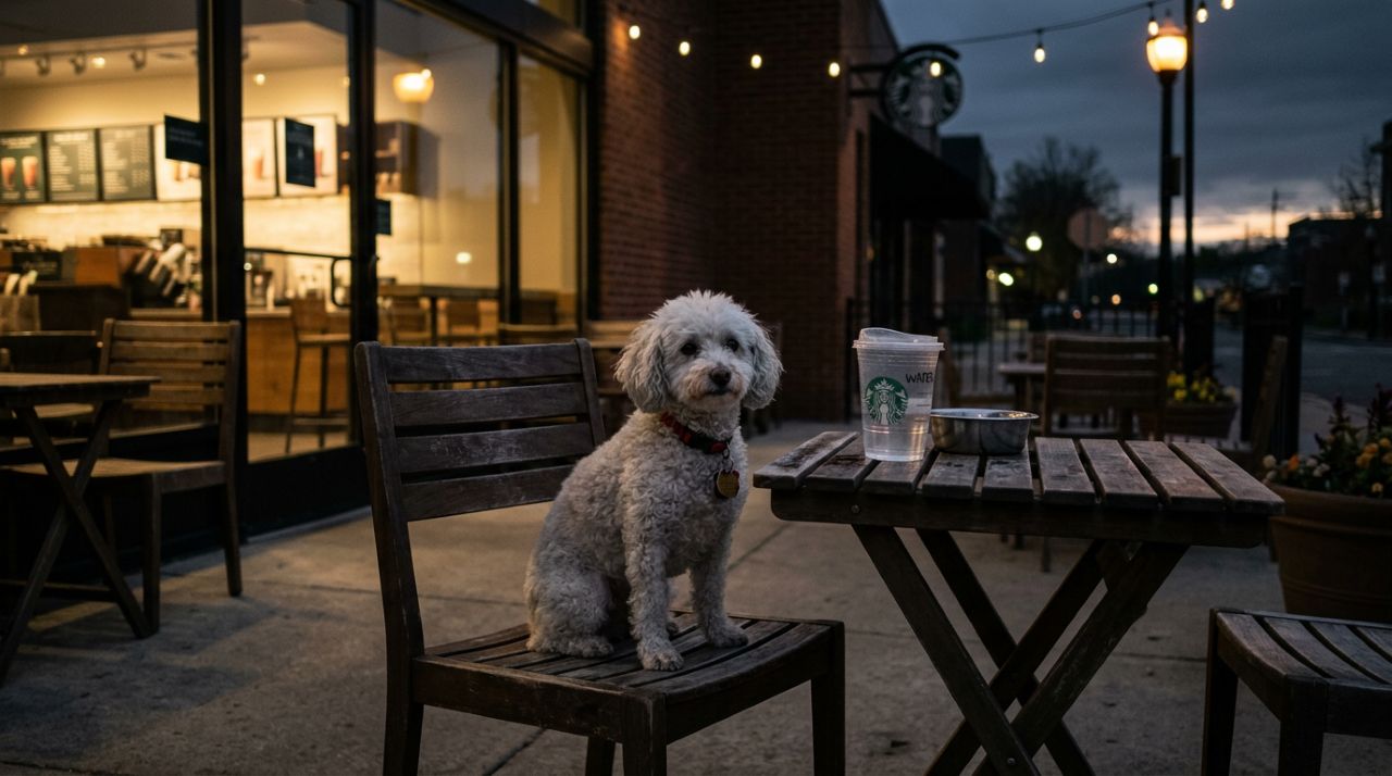 Pequeno poodle passa a noite toda no pátio do Starbucks esperando ser notado