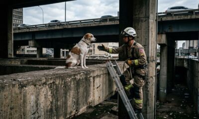Cadela de rua presa embaixo de uma ponte comove após resgate dos bombeiros