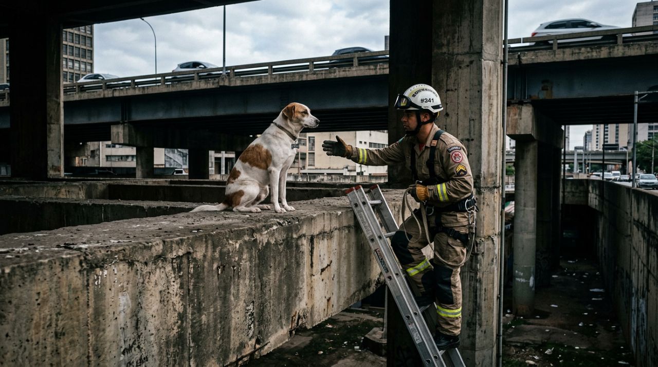 Cadela de rua presa embaixo de uma ponte comove após resgate dos bombeiros