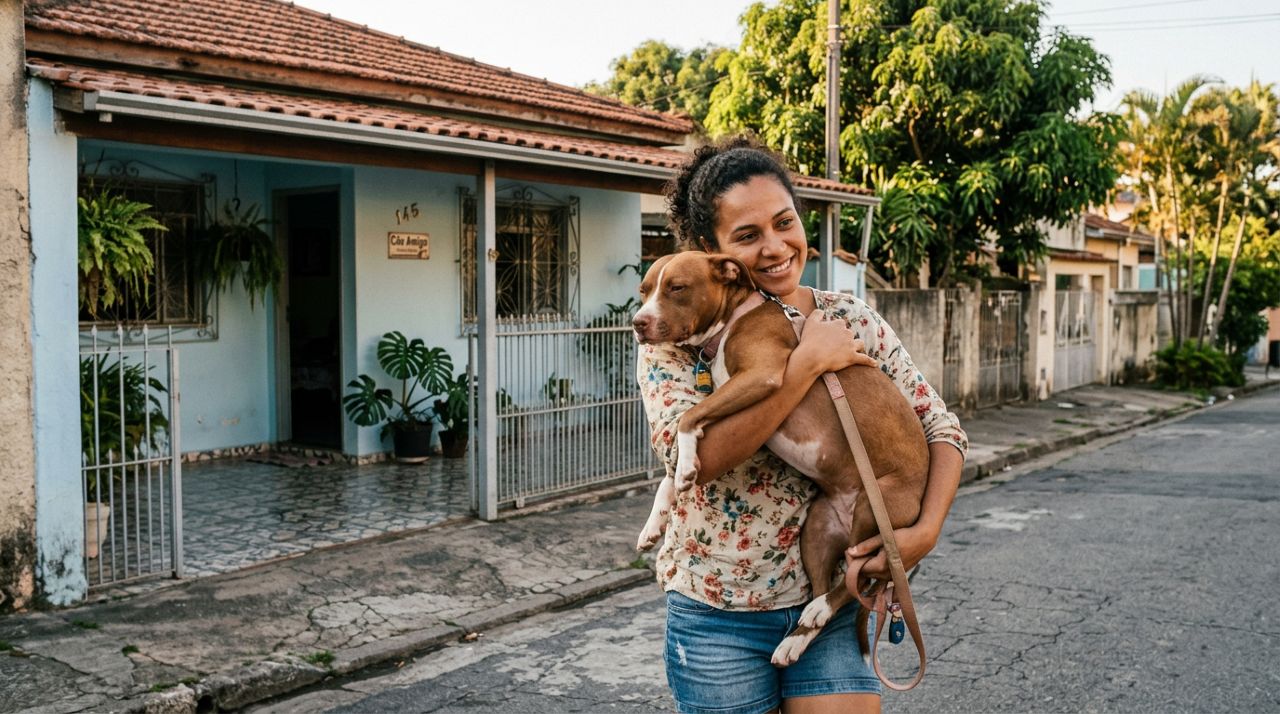 Cadela pitbull adotada precisa ser carregada para se sentir segura e conquista nova família