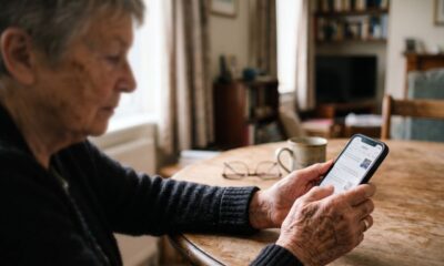 Idosa sentada em casa de frente para uma mesa segura um smartphone moderno de forma cuidadosa