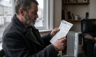 Homem barbudo lê conta de luz em casa com aquecedor e janela.