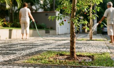 Duas pessoas regam árvores jovens em calçada de paralelepípedos, com uma frutífera em primeiro plano.