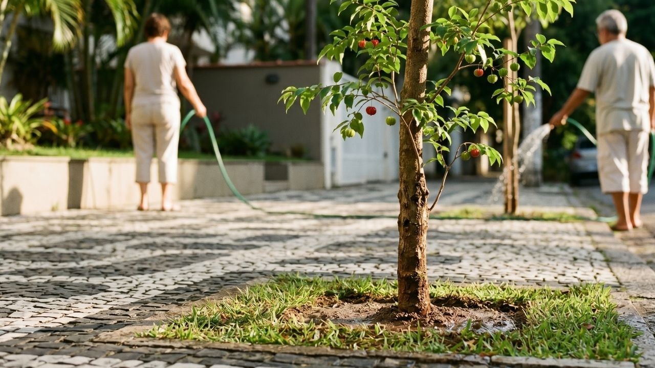 Duas pessoas regam árvores jovens em calçada de paralelepípedos, com uma frutífera em primeiro plano.