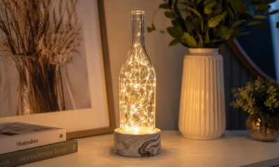 Garrafa vazia vira luminária elegante com gesso e luzes de LED
