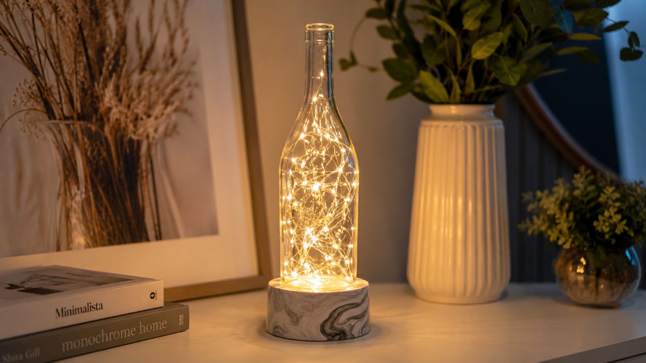 Garrafa vazia vira luminária elegante com gesso e luzes de LED
