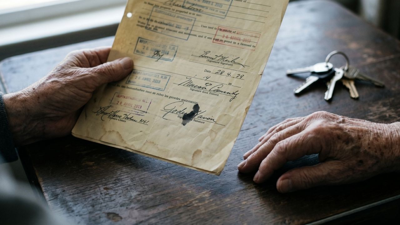 Mãos envelhecidas seguram documento antigo com assinaturas; chaves sobre mesa de madeira.