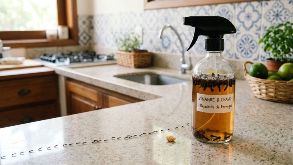 Como fazer um repelente natural simples com vinagre e cravo para proteger a despensa e as bancadas da invasão de formigas
