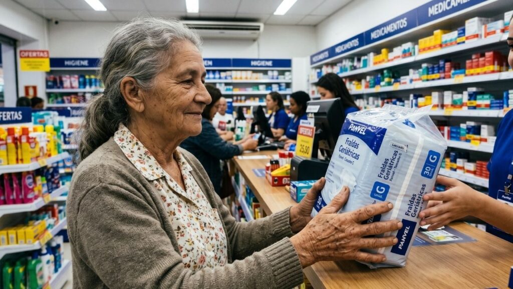 Mulher idosa de cabelos grisalhos segura pacote de fraldas geri&aacute;tricas em frente ao balc&atilde;o de uma farm&aacute;cia