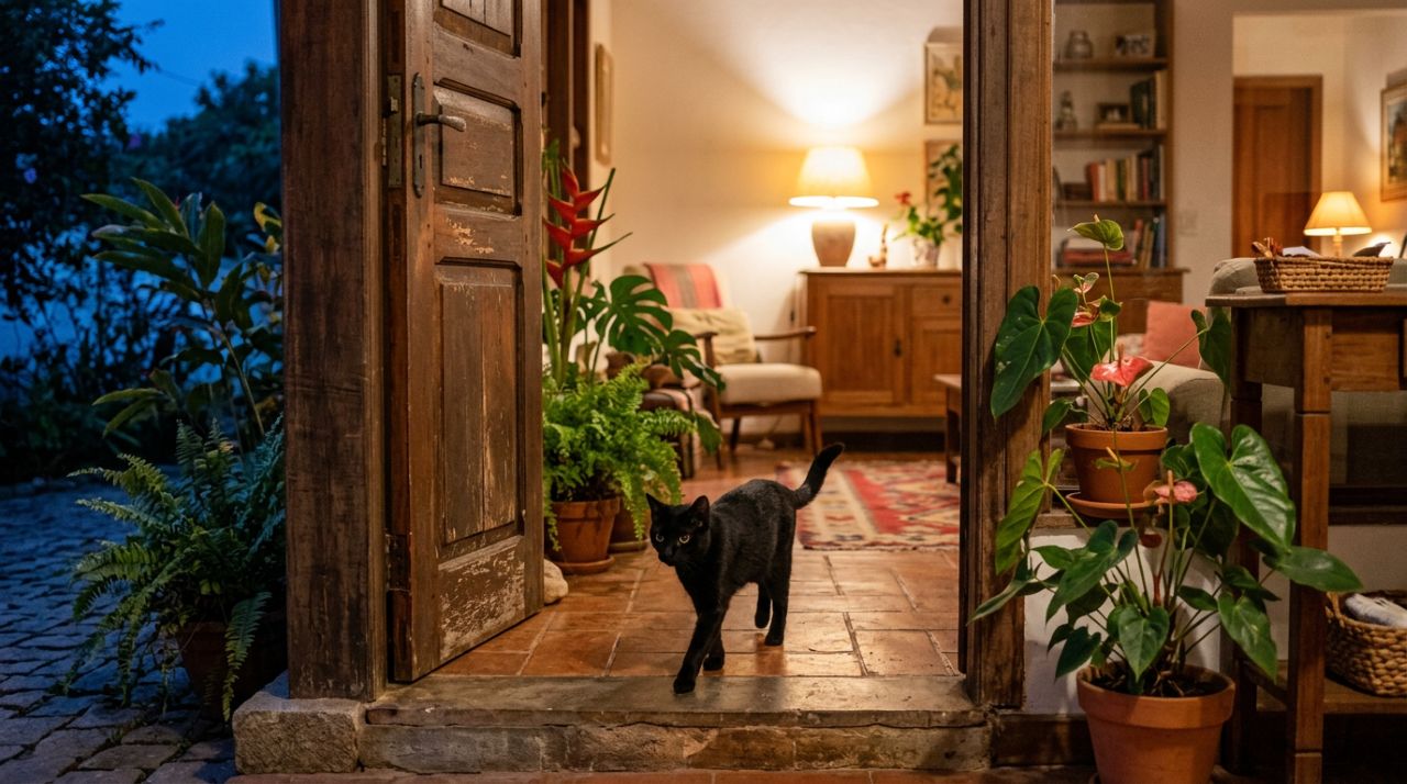 Gato preto de rua entra por porta aberta e encontra um lar definitivo