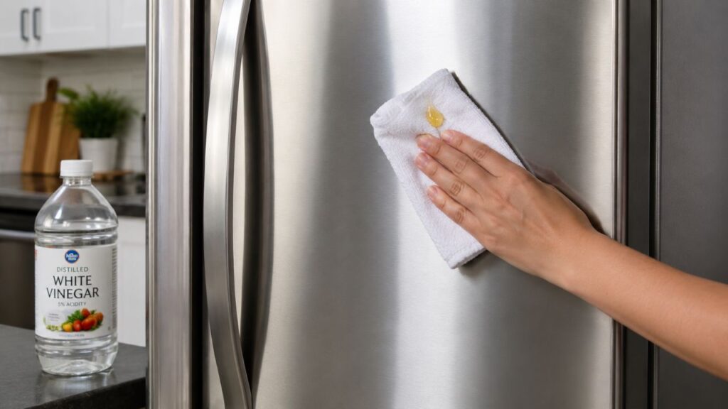Porta da geladeira opaca pode melhorar com limpeza leve, pano macio e acabamento discreto usando pouco óleo de cozinha.