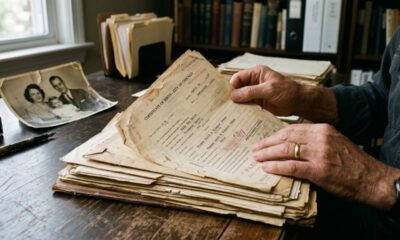 Par de mãos de um adulto folheando com cuidado uma pilha de documentos jurídicos amarelados e certidões de nascimento antigas sobre uma mesa de madeira escura e pesada
