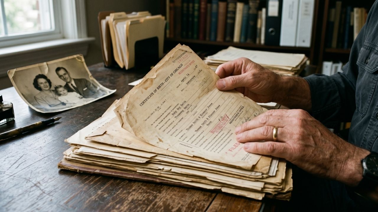 Par de mãos de um adulto folheando com cuidado uma pilha de documentos jurídicos amarelados e certidões de nascimento antigas sobre uma mesa de madeira escura e pesada