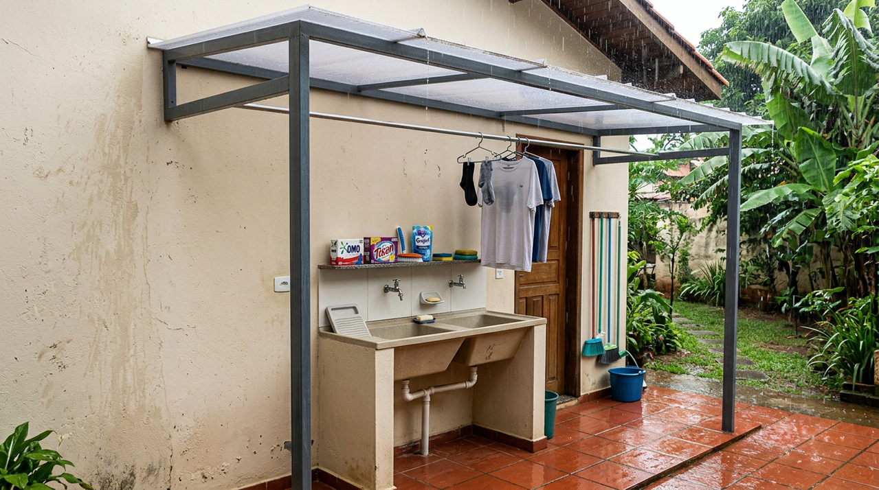 Cobertura para tanque externo protege a área de serviço da chuva com solução simples