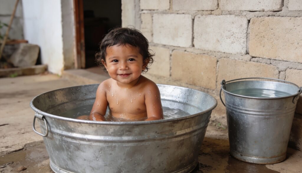 Bacia de alumínio para banho lembra uma casa antiga cheia de rotina e simplicidade
