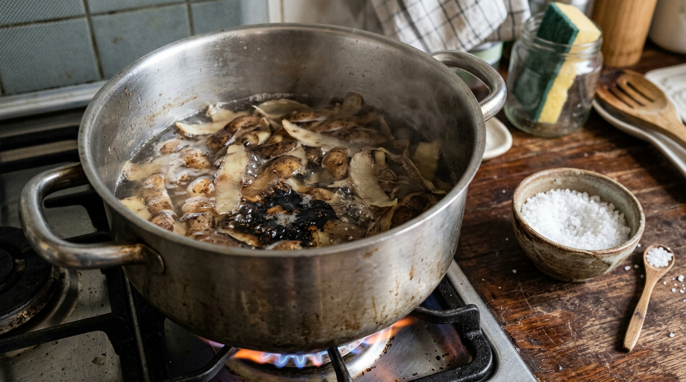Antes de jogar fora, cascas de batata podem ajudar a limpar frigideiras e panelas engorduradas com menos esforço e sem produto químico.