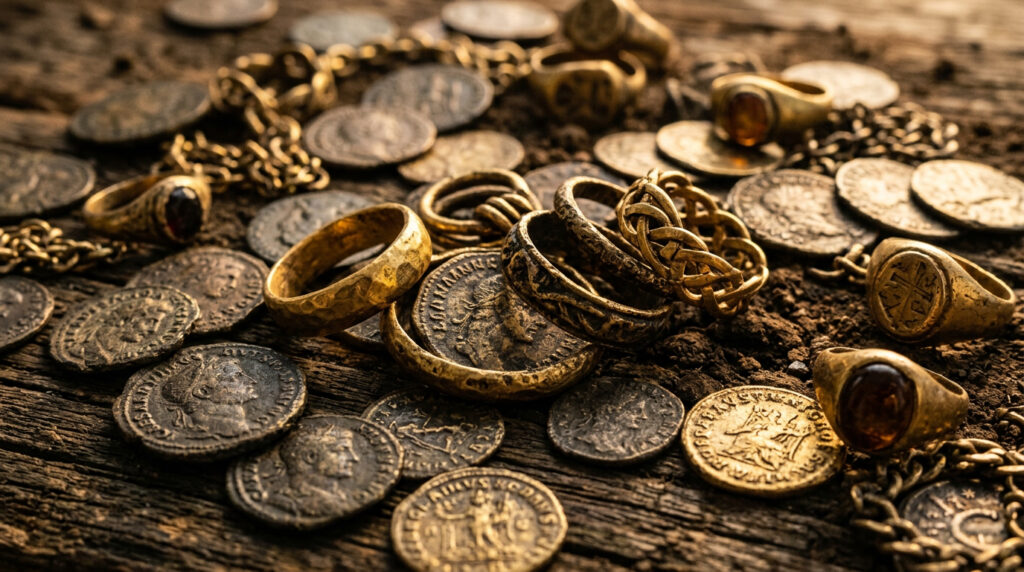 Um homem caminhava por um campo e encontrou um enorme tesouro de ouro viking