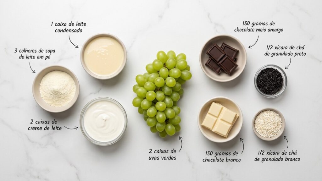 Misture uvas verdes, creme e chocolate e faça uma sobremesa gelada super cremosa e bonita para a família