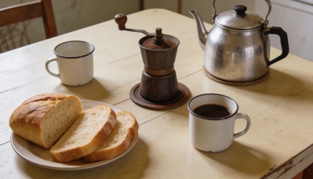 Coador de pano passando café lembra uma infância simples e feliz na cozinha antiga
