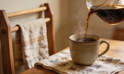 Coador de pano passando café lembra uma infância simples e feliz na cozinha antiga