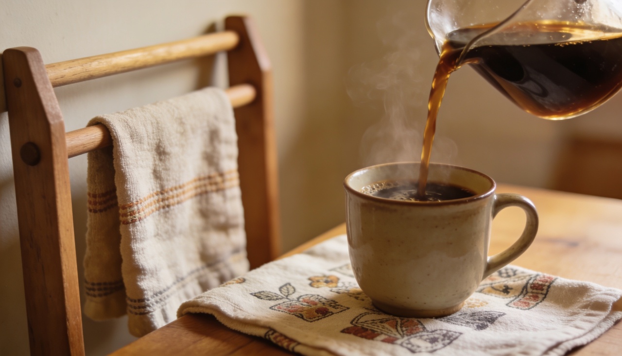 Coador de pano passando café lembra uma infância simples e feliz na cozinha antiga