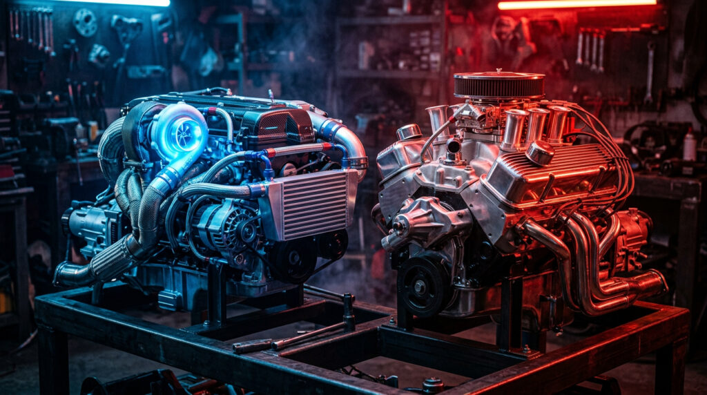 Comparação dramática entre motor turbo moderno e motor aspirado clássico lado a lado, peças metálicas brilhando sob iluminação azul e vermelha, sensação de potência, velocidade e tecnologia automotiva, composição cinematográfica hiper-realista, detalhes mecânicos intensos, atmosfera de disputa entre desempenho e economia, alta definição, sem textos ou escritas.
