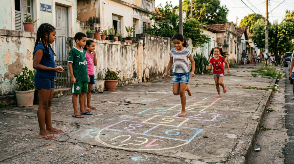 Brincadeiras como amarelinha e passa anel ensinavam convivência e respeito na infância