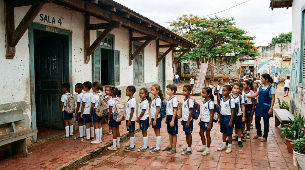 Rotinas da escola antiga como ficar em fila marcaram gerações de alunos