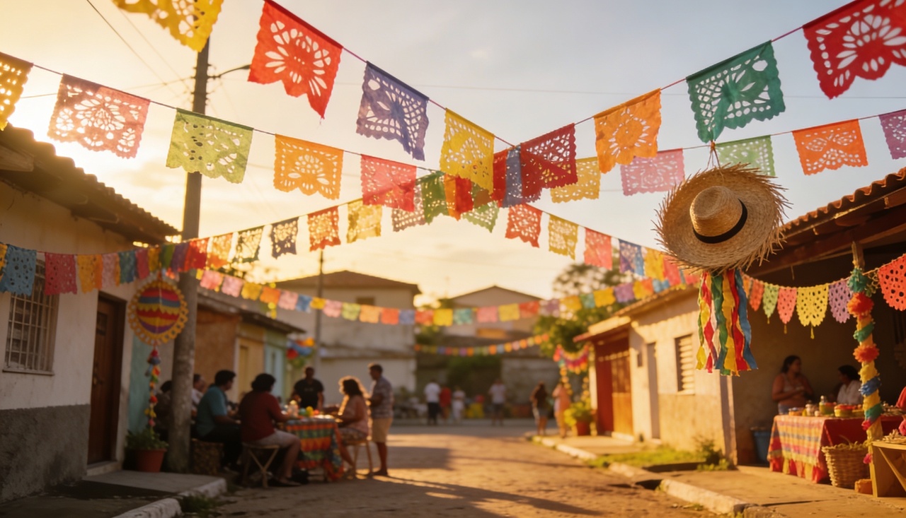 Bandeirinhas feitas à mão lembram festas juninas antigas que reuniam todo o bairro