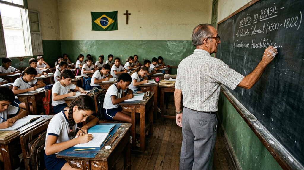 A chamada em voz alta lembra uma escola antiga cheia de rotina, silêncio e expectativa