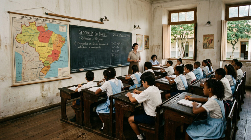 Coisas da escola antiga como o mapa na parede despertam nostalgia da infância